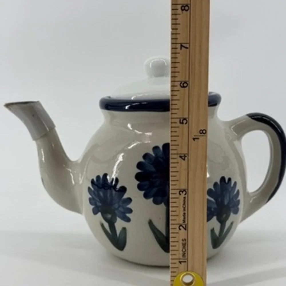 Louisville Stoneware Bachelor Button Teapot Blue Floral Kentucky Hand Painted